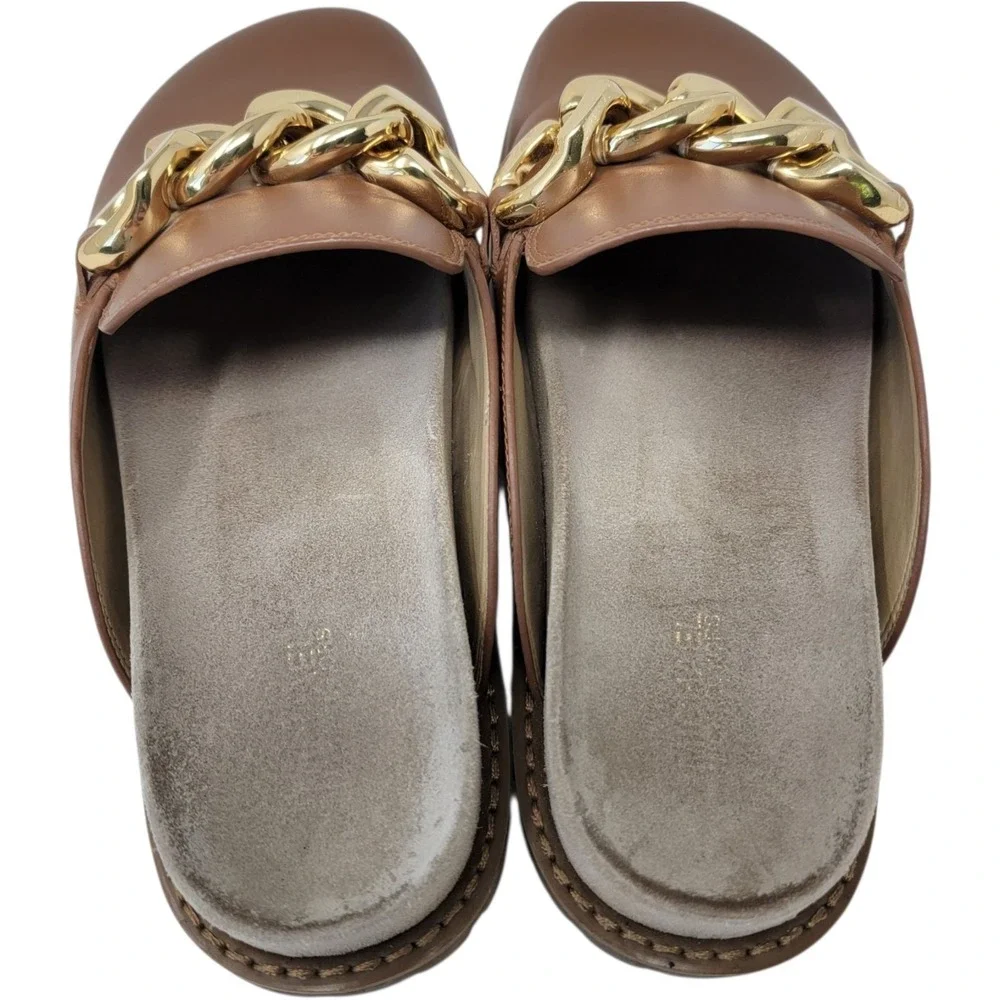 Michael Kors Clogs Mules Womens Size 7.5 Scarlett Gold‎ Chain in Luggage Brown
